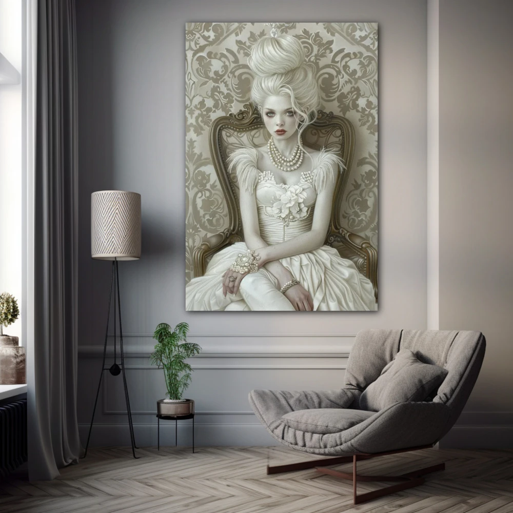 Cuadro fantasía aristocrática en formato vertical con colores blanco, gris, monocromático; decorando pared gris