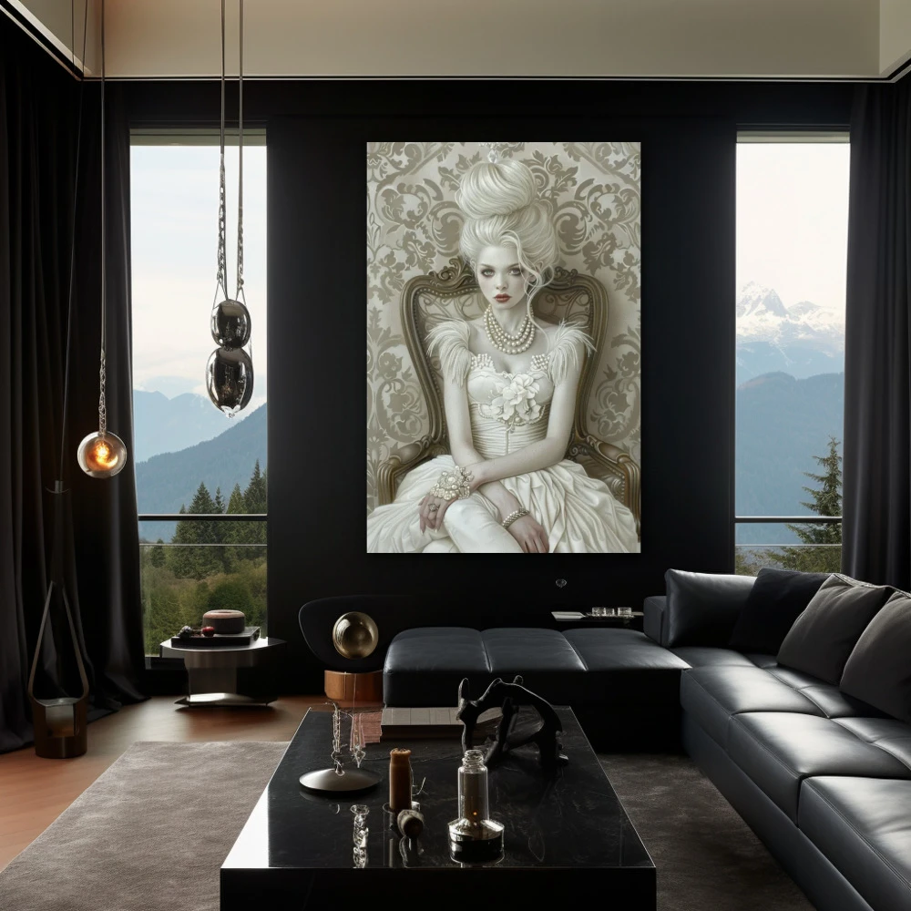 Wall Art titled: Aristocratic Fantasy in a Vertical format with: white, Grey, and Monochromatic Colors; Decoration the Black Walls wall