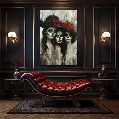 Wall Art titled: Trinity of Kindred Hearts in a  format with: Grey, Black, and Red Colors; Decoration the Above Couch wall