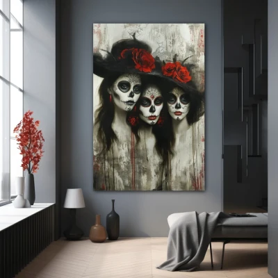 Wall Art titled: Trinity of Kindred Hearts in a  format with: Grey, Black, and Red Colors; Decoration the Grey Walls wall