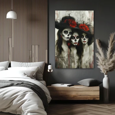 Wall Art titled: Trinity of Kindred Hearts in a  format with: Grey, Black, and Red Colors; Decoration the Bedroom wall