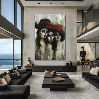 Wall Art titled: Trinity of Kindred Hearts in a  format with: Grey, Black, and Red Colors; Decoration the Living Room wall