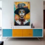 Wall Art titled: Between Life and Forgetfulness in a Vertical format with: Yellow, Sky blue, and Orange Colors; Decoration the Sideboard wall