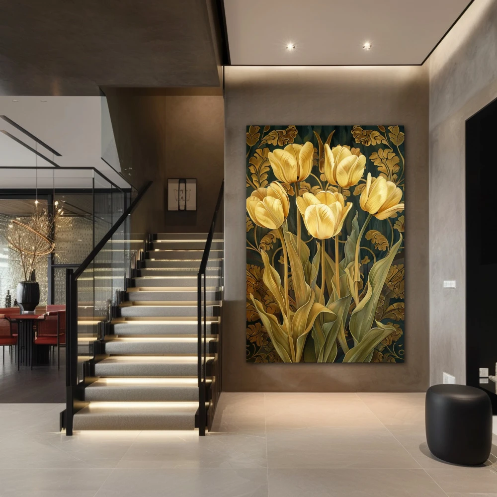 Wall Art titled: Reborn Beauty in a Vertical format with: Yellow, Golden, and Green Colors; Decoration the Staircase wall