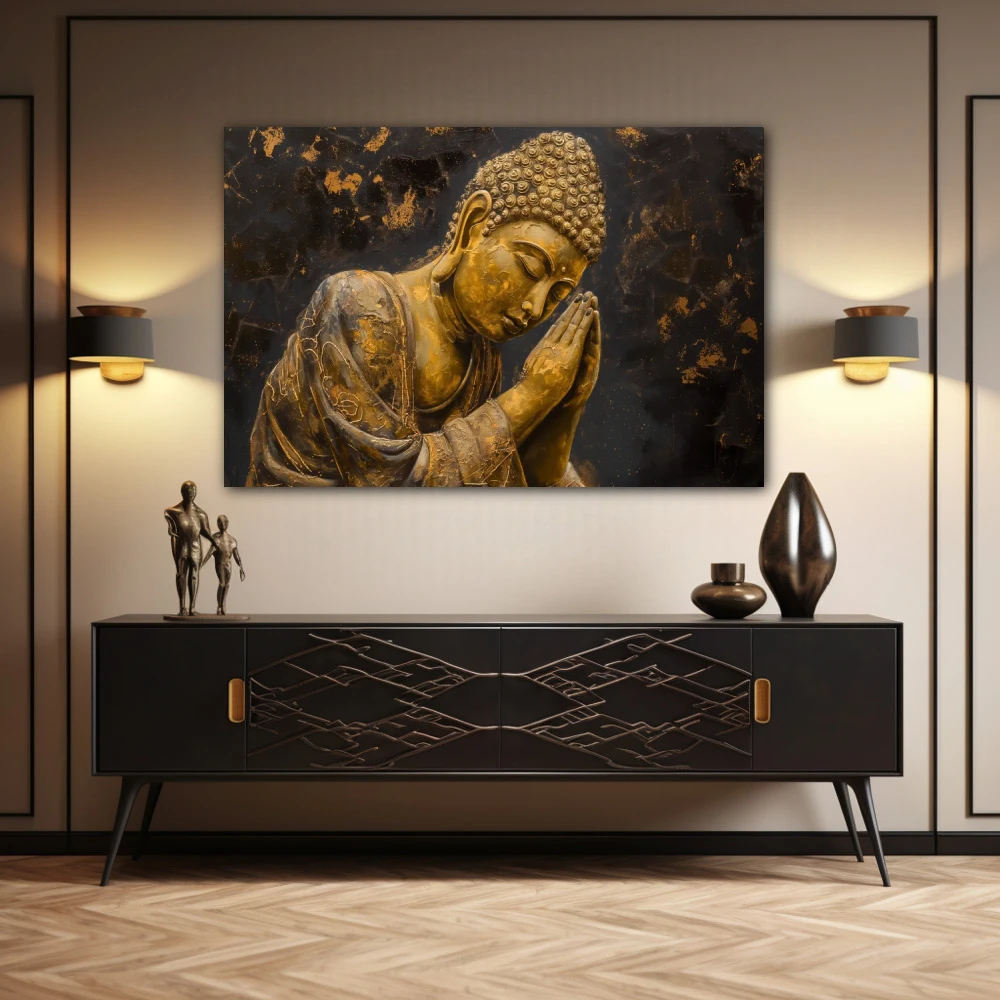 Wall Art titled: Ancestral Peace in a Horizontal format with: and Golden Colors; Decoration the Sideboard wall