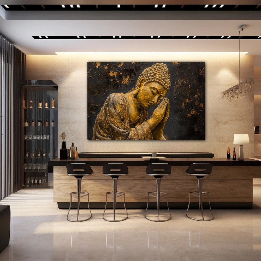 Wall Art titled: Ancestral Peace in a Horizontal format with: and Golden Colors; Decoration the Bar wall