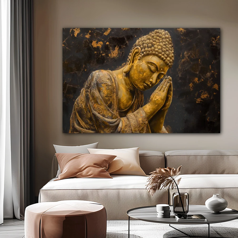 Wall Art titled: Ancestral Peace in a Horizontal format with: and Golden Colors; Decoration the Beige Wall wall