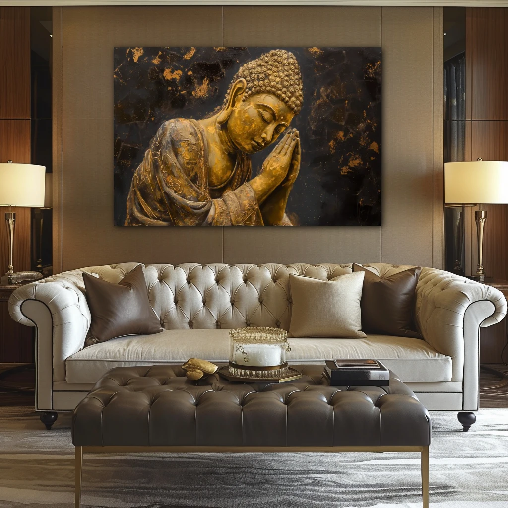 Wall Art titled: Ancestral Peace in a Horizontal format with: and Golden Colors; Decoration the Above Couch wall