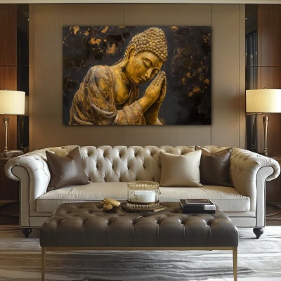 Wall Art titled: Ancestral Peace in a  format with: and Golden Colors; Decoration the Above Couch wall