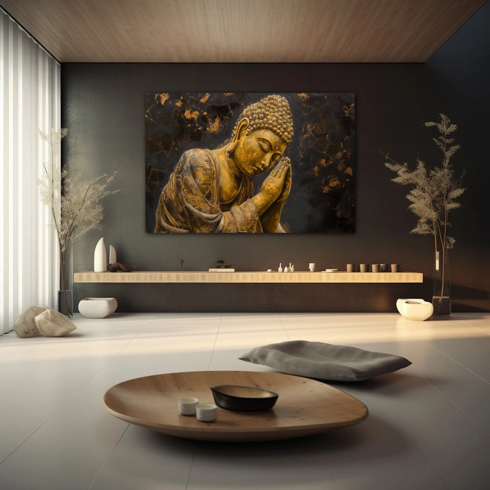 Wall Art titled: Ancestral Peace in a Horizontal format with: and Golden Colors; Decoration the Wellbeing wall