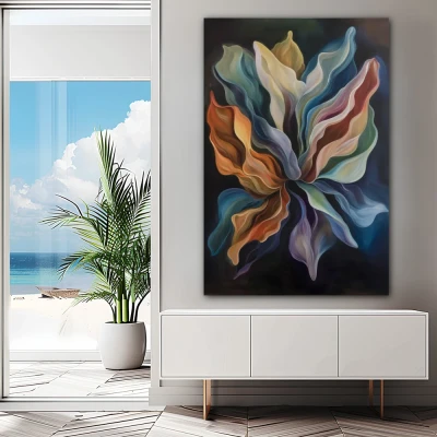 Wall Art titled: Souls in Motion in a  format with: Blue, Purple, and Orange Colors; Decoration the Sideboard wall