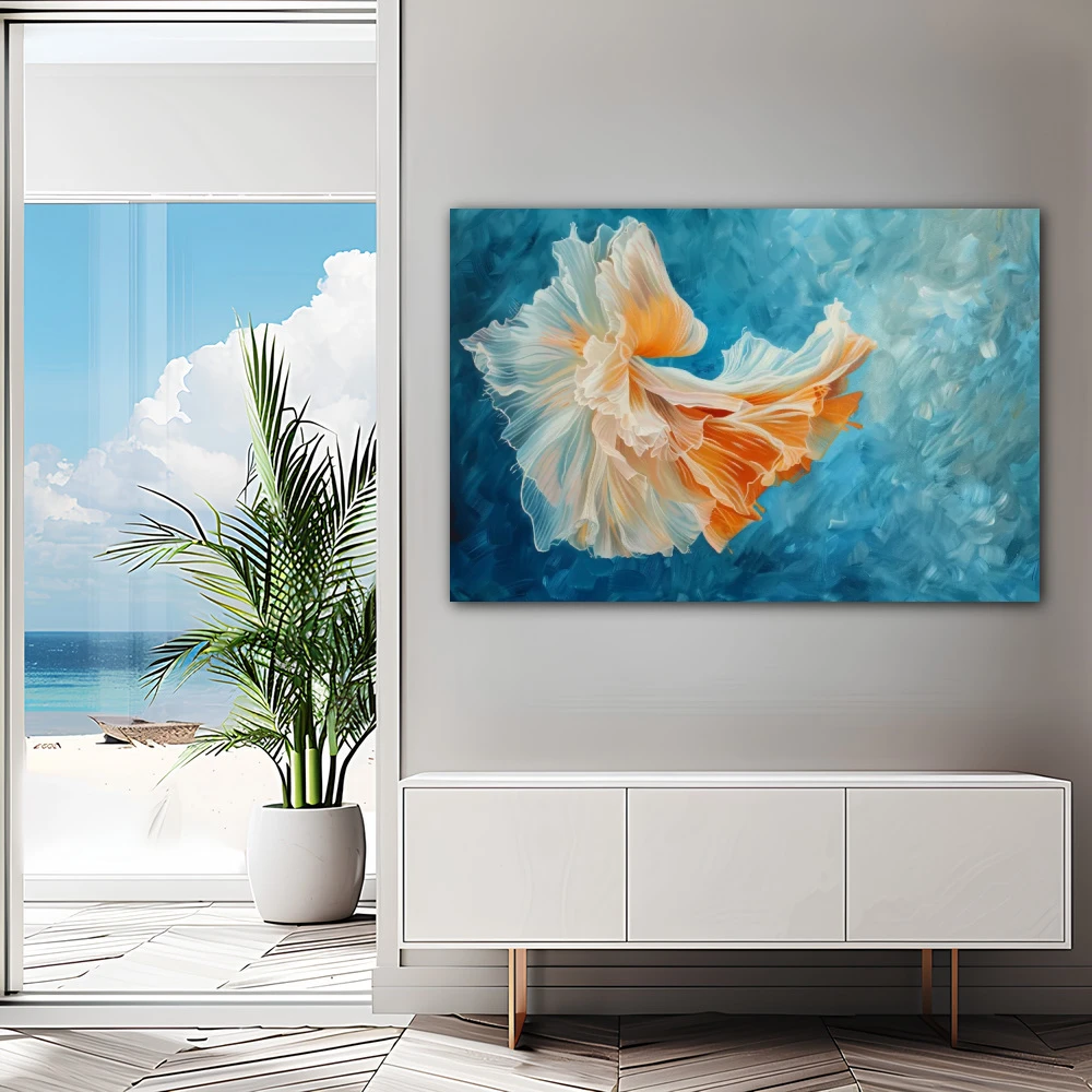 Wall Art titled: Ocean Dance in a Horizontal format with: Blue, Sky blue, and Orange Colors; Decoration the Sideboard wall