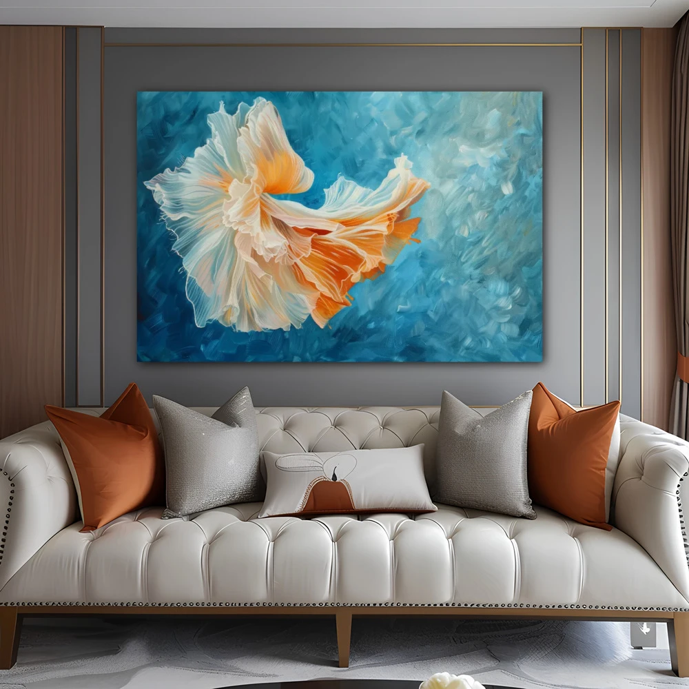 Wall Art titled: Ocean Dance in a Horizontal format with: Blue, Sky blue, and Orange Colors; Decoration the Above Couch wall