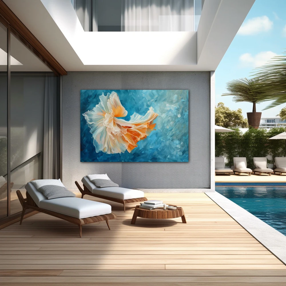 Wall Art titled: Ocean Dance in a Horizontal format with: Blue, Sky blue, and Orange Colors; Decoration the Outdoor wall