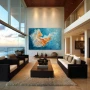 Wall Art titled: Ocean Dance in a Horizontal format with: Blue, Sky blue, and Orange Colors; Decoration the Living Room wall