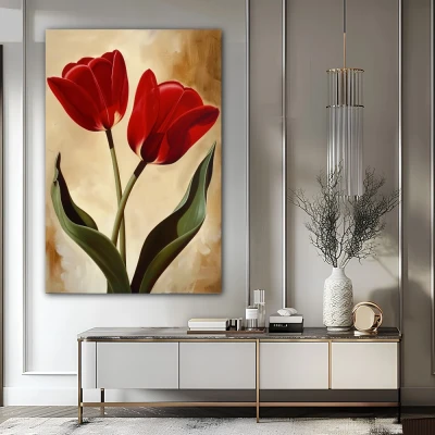 Wall Art titled: Scarlet Embraces in a  format with: Brown, Red, and Green Colors; Decoration the Sideboard wall