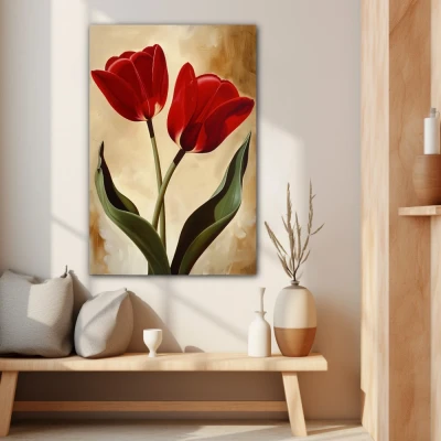 Wall Art titled: Scarlet Embraces in a  format with: Brown, Red, and Green Colors; Decoration the Beige Wall wall