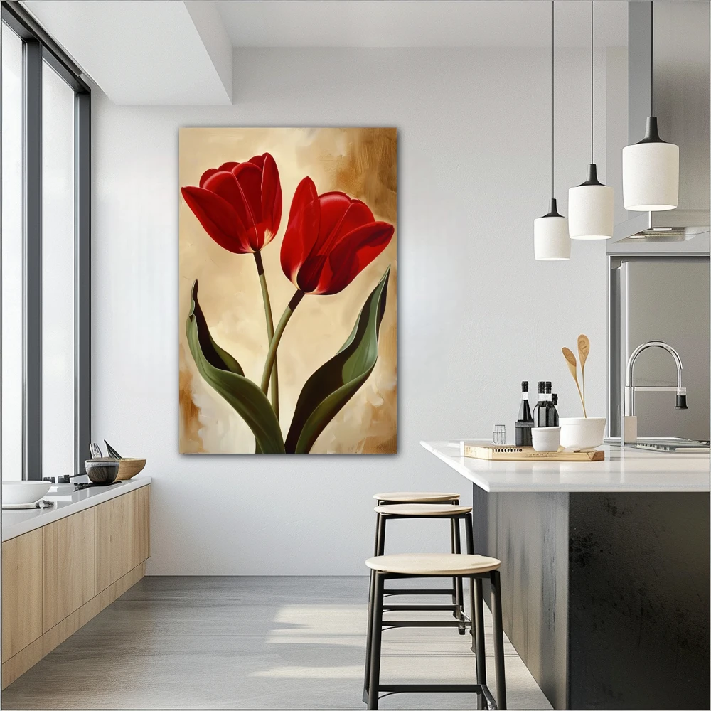 Wall Art titled: Scarlet Embraces in a Vertical format with: Brown, Red, and Green Colors; Decoration the Kitchen wall