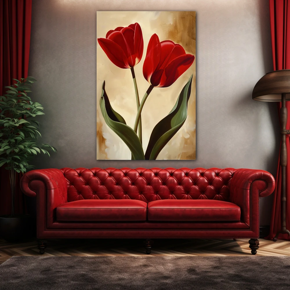 Wall Art titled: Scarlet Embraces in a Vertical format with: Brown, Red, and Green Colors; Decoration the Above Couch wall