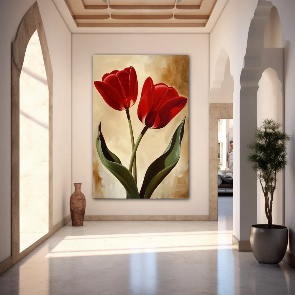 Wall Art titled: Scarlet Embraces in a Vertical format with: Brown, Red, and Green Colors; Decoration the Entryway wall