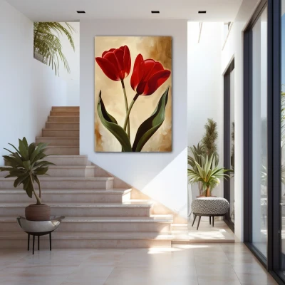 Wall Art titled: Scarlet Embraces in a  format with: Brown, Red, and Green Colors; Decoration the Staircase wall