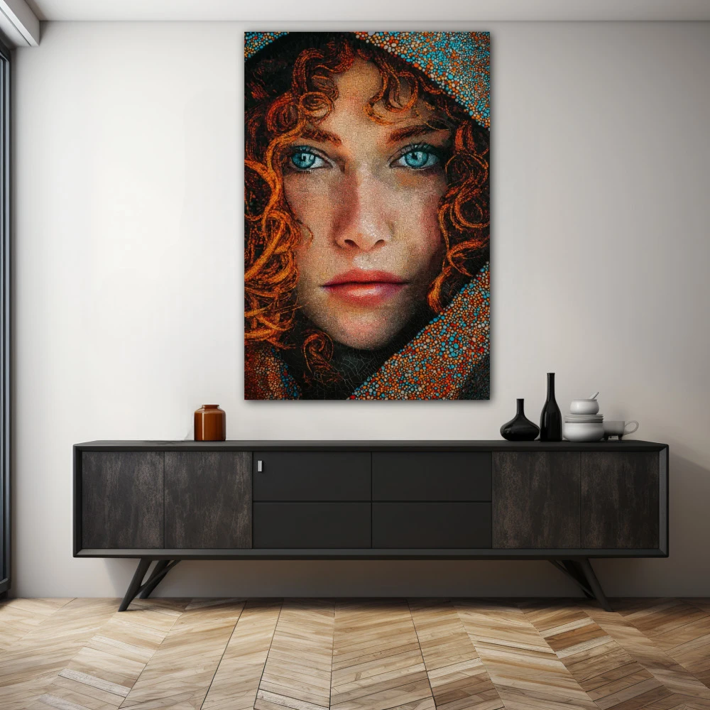 Wall Art titled: Textures of Passion in a Vertical format with: Blue, Grey, and Orange Colors; Decoration the Sideboard wall