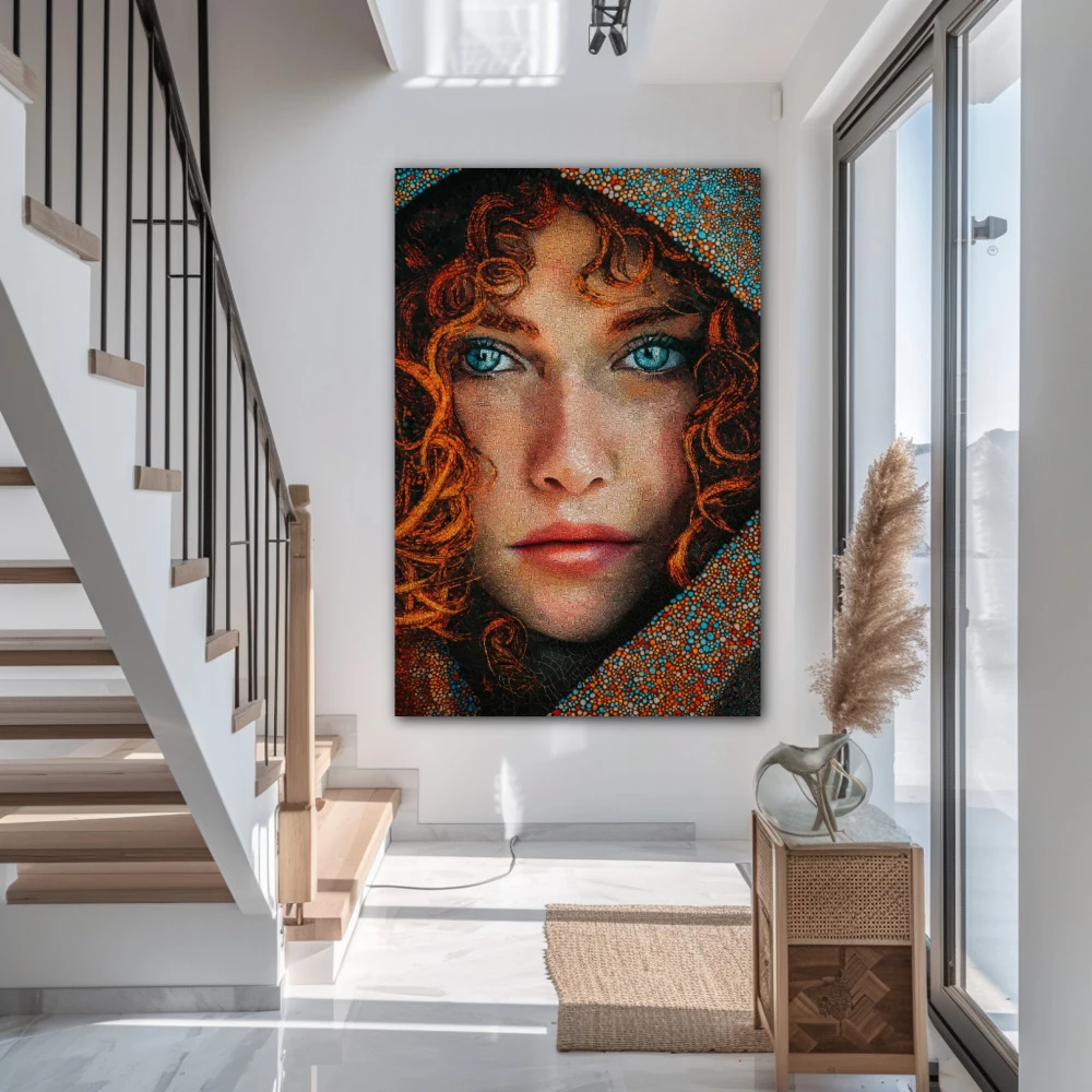 Wall Art titled: Textures of Passion in a Vertical format with: Blue, Grey, and Orange Colors; Decoration the Staircase wall