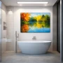 Wall Art titled: Autumn Mirrors in a Horizontal format with: Blue, and Green Colors; Decoration the Bathroom wall