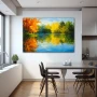 Wall Art titled: Autumn Mirrors in a Horizontal format with: Blue, and Green Colors; Decoration the Kitchen wall