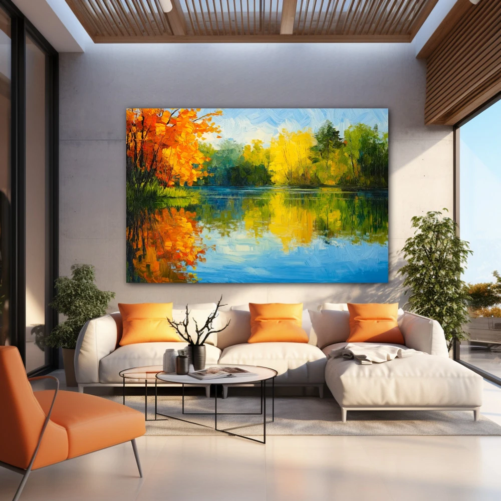 Wall Art titled: Autumn Mirrors in a Horizontal format with: Blue, and Green Colors; Decoration the Outdoor wall