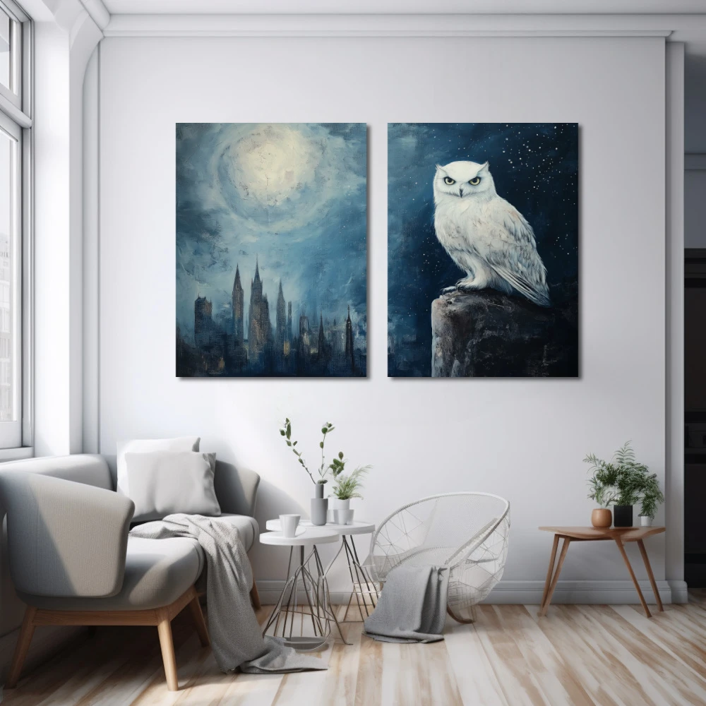 Wall Art titled: Nocturne of Wisdom in a Horizontal format with: Blue, and white Colors; Decoration the White Wall wall