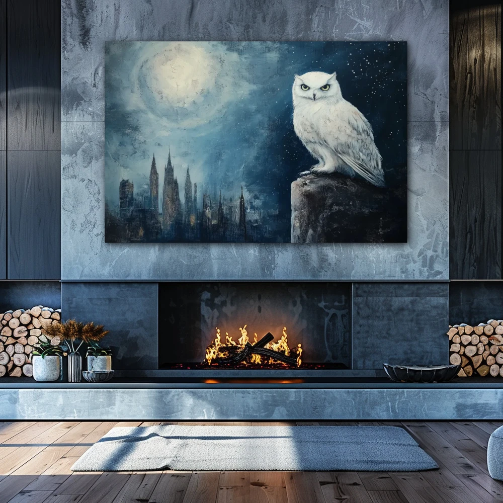 Wall Art titled: Nocturne of Wisdom in a Horizontal format with: Blue, and white Colors; Decoration the Fireplace wall