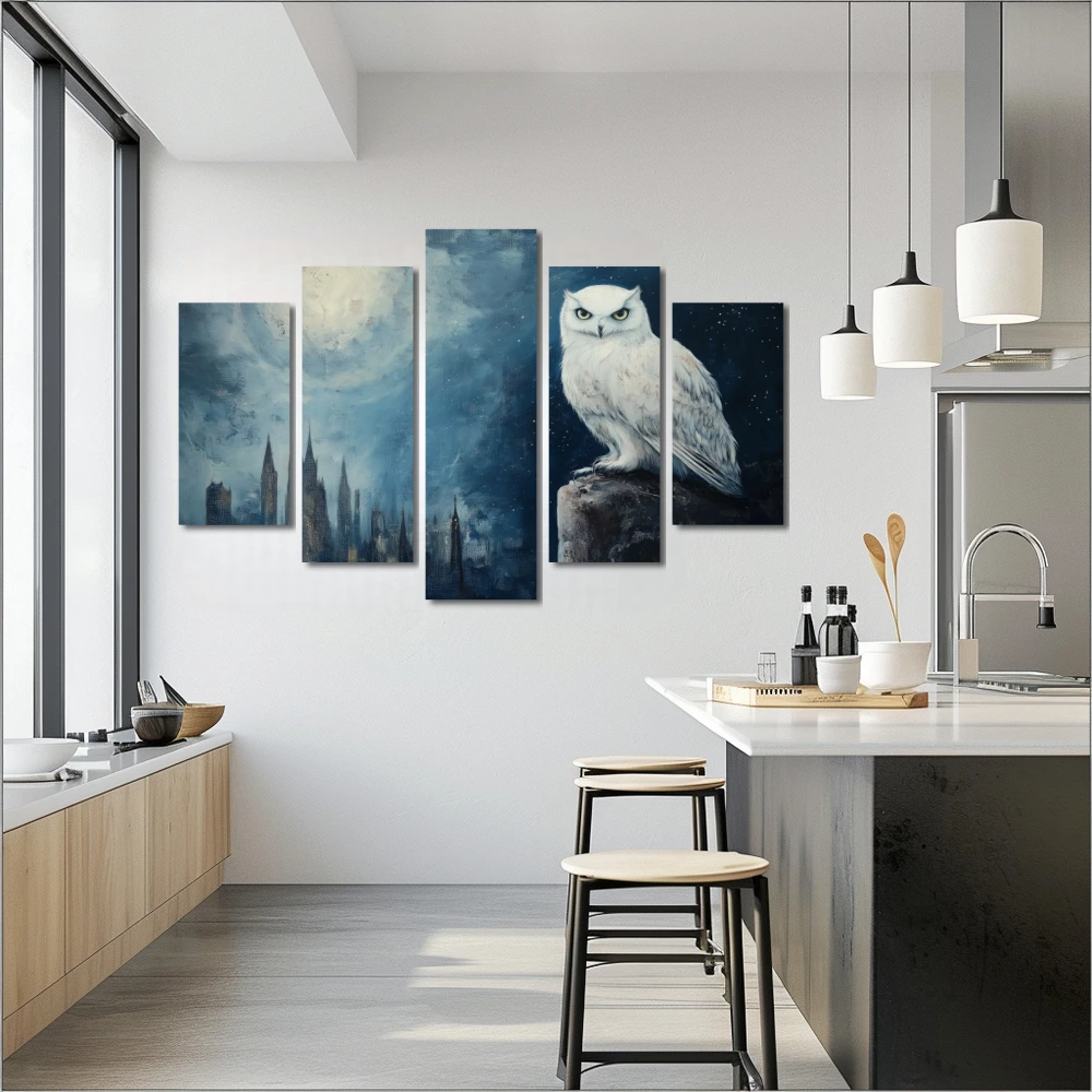 Wall Art titled: Nocturne of Wisdom in a Horizontal format with: Blue, and white Colors; Decoration the Kitchen wall