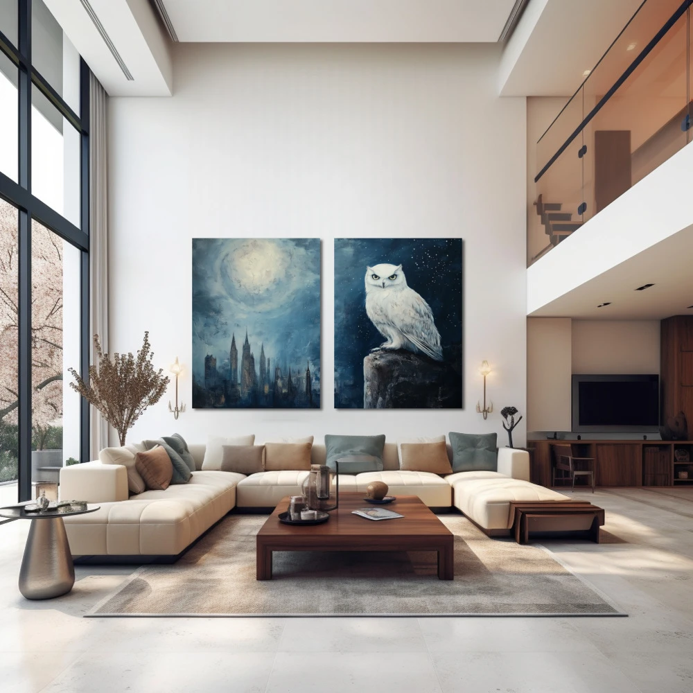 Wall Art titled: Nocturne of Wisdom in a Horizontal format with: Blue, and white Colors; Decoration the Above Couch wall