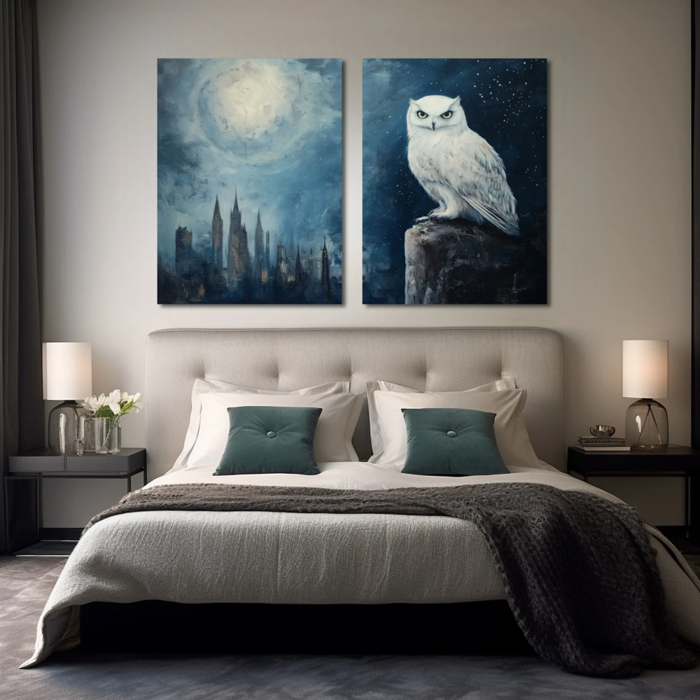 Wall Art titled: Nocturne of Wisdom in a Horizontal format with: Blue, and white Colors; Decoration the Bedroom wall