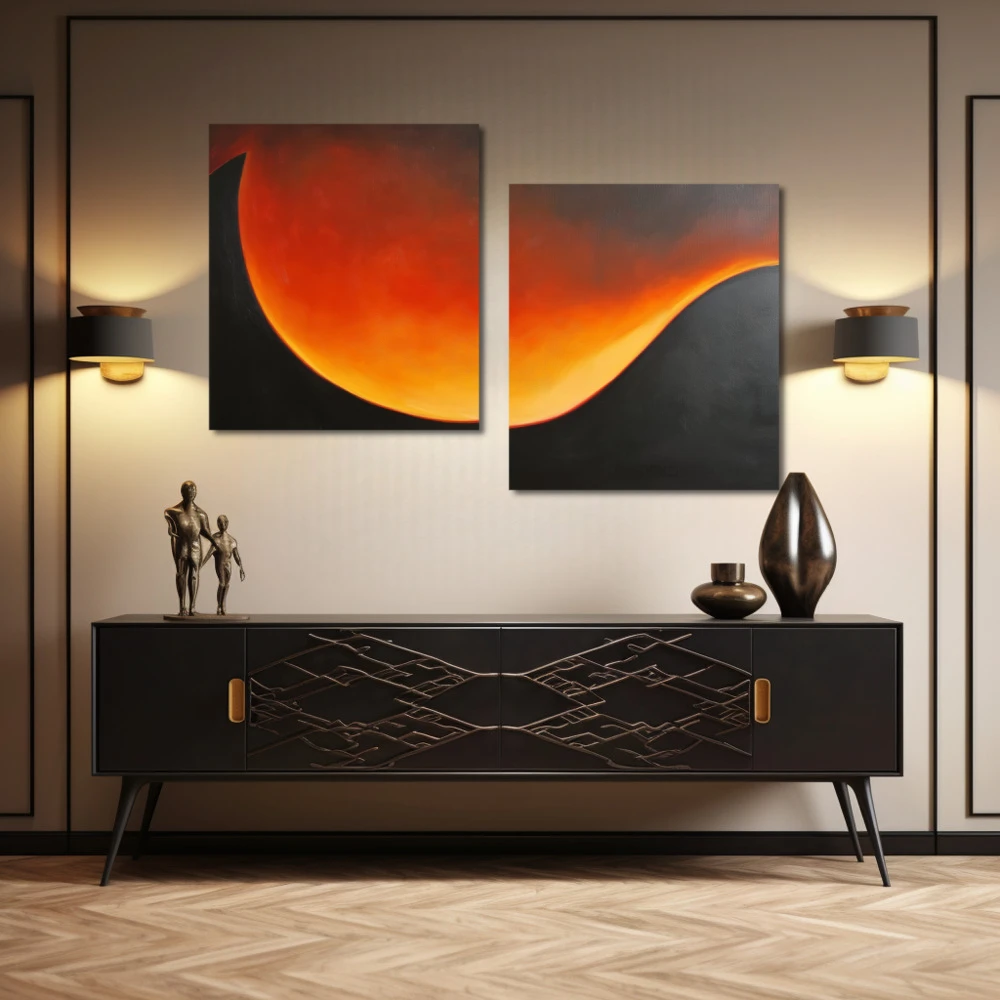 Wall Art titled: Twilight Ether in a Horizontal format with: Yellow, Orange, Black, and Red Colors; Decoration the Sideboard wall