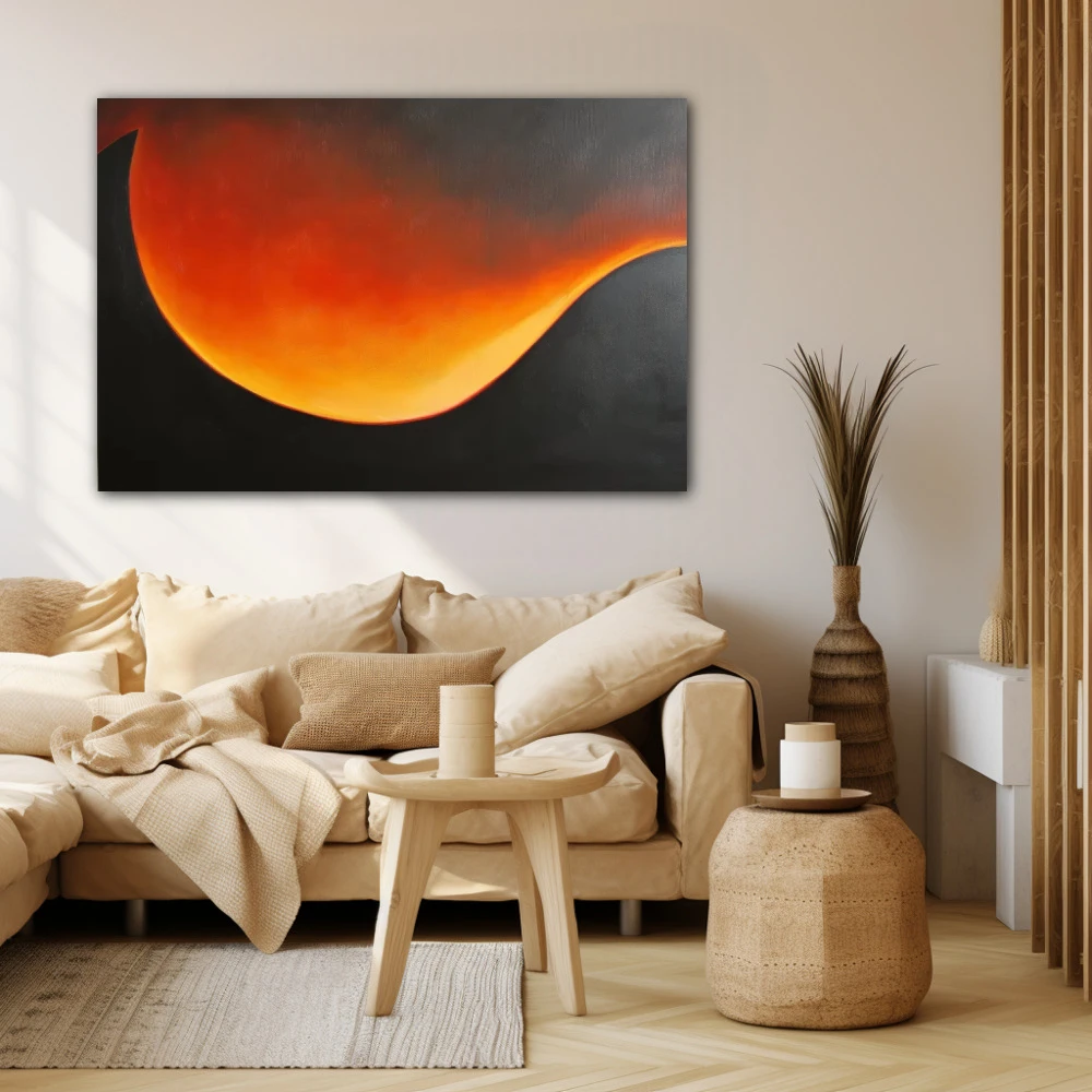 Wall Art titled: Twilight Ether in a Horizontal format with: Yellow, Orange, Black, and Red Colors; Decoration the Beige Wall wall