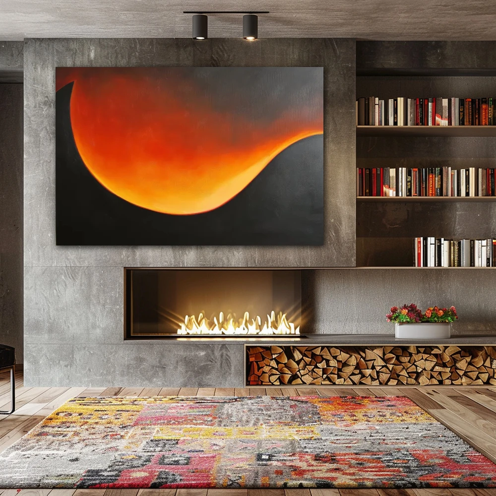 Wall Art titled: Twilight Ether in a Horizontal format with: Yellow, Orange, Black, and Red Colors; Decoration the Fireplace wall