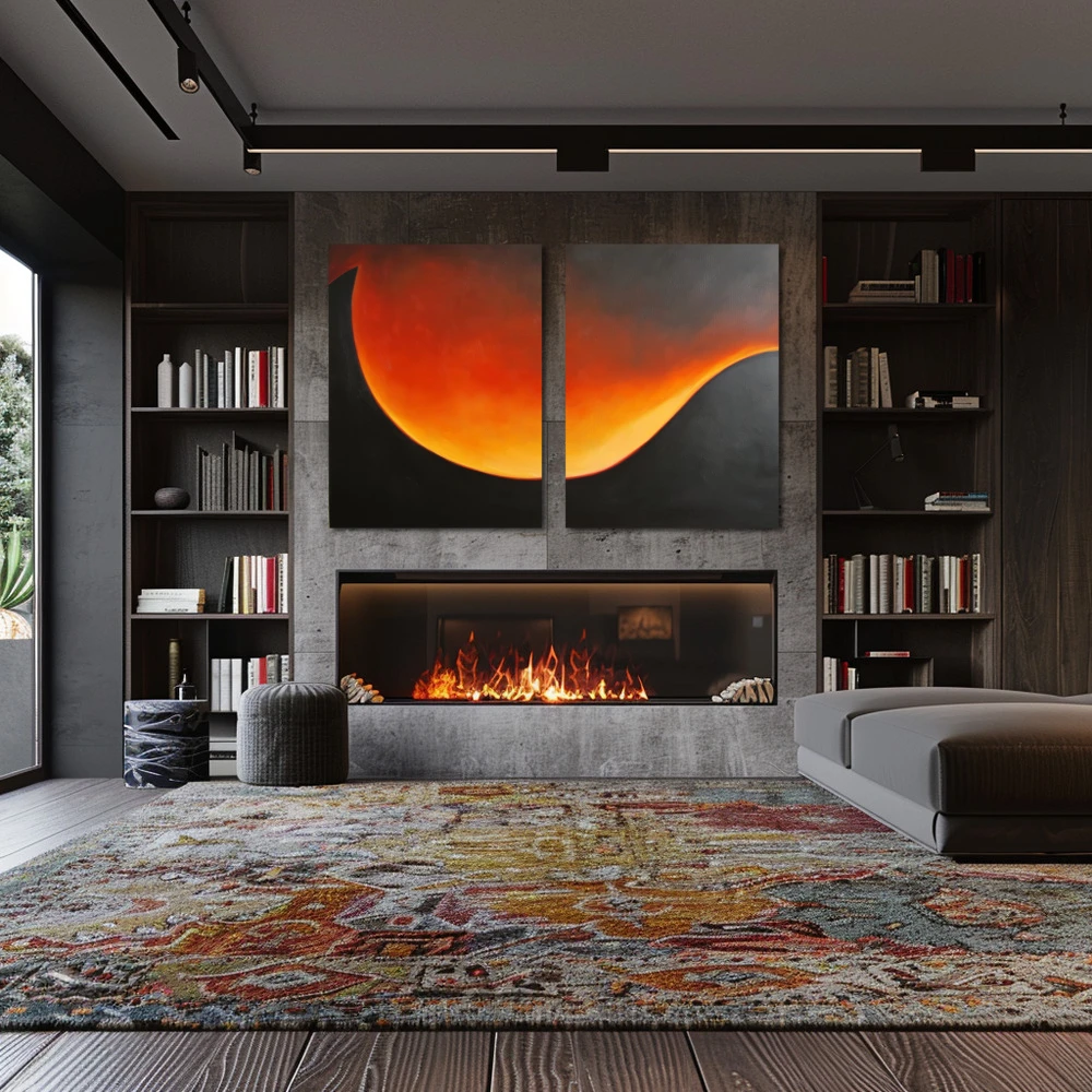 Wall Art titled: Twilight Ether in a Horizontal format with: Yellow, Orange, Black, and Red Colors; Decoration the Fireplace wall