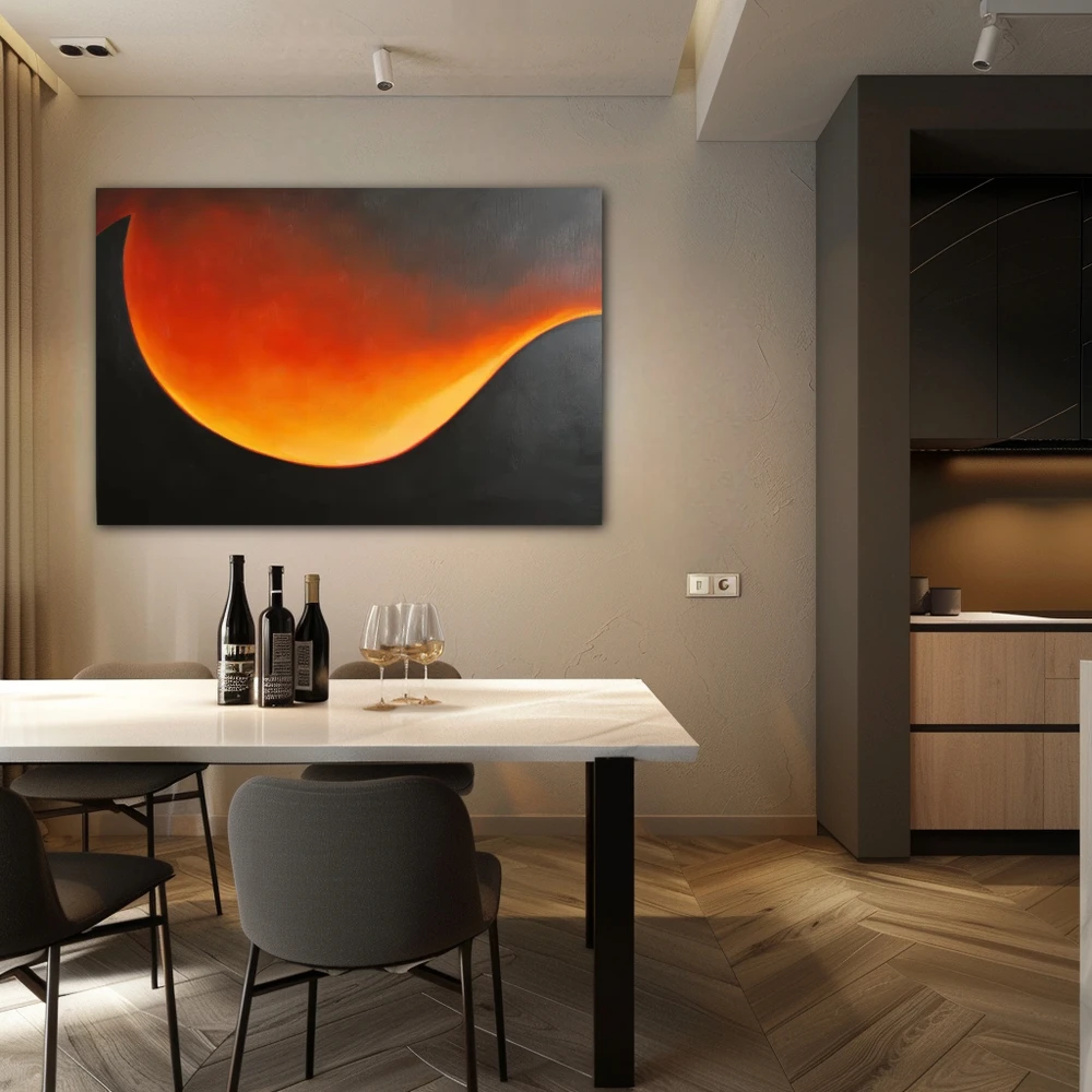 Wall Art titled: Twilight Ether in a Horizontal format with: Yellow, Orange, Black, and Red Colors; Decoration the Kitchen wall