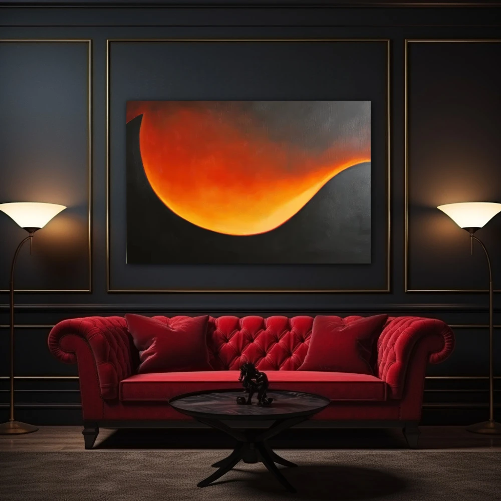 Wall Art titled: Twilight Ether in a Horizontal format with: Yellow, Orange, Black, and Red Colors; Decoration the Above Couch wall