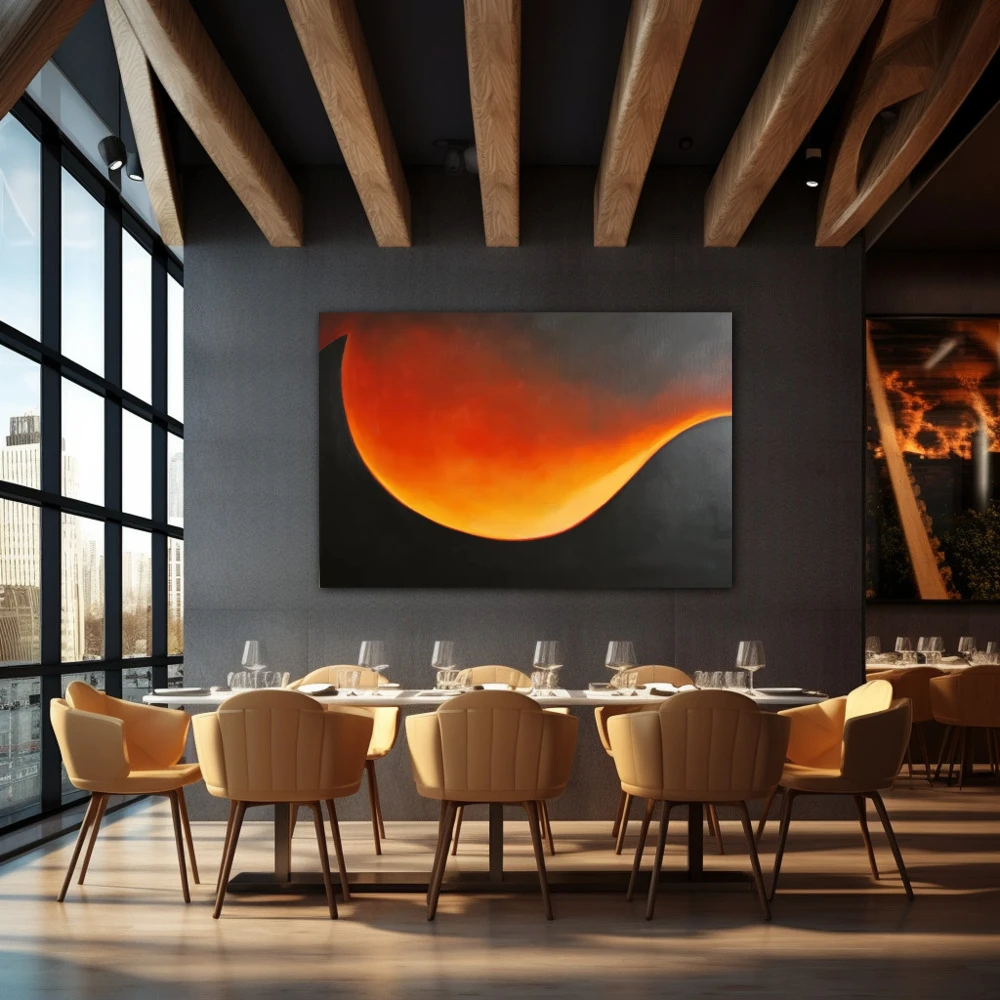 Wall Art titled: Twilight Ether in a Horizontal format with: Yellow, Orange, Black, and Red Colors; Decoration the Restaurant wall