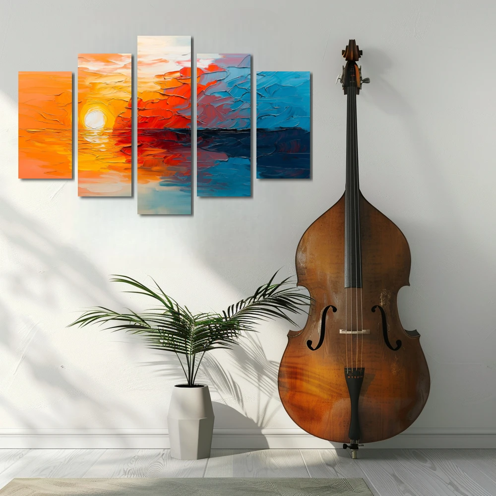 Wall Art titled: Song of the Dawn in a Horizontal format with: Sky blue, and Orange Colors; Decoration the White Wall wall