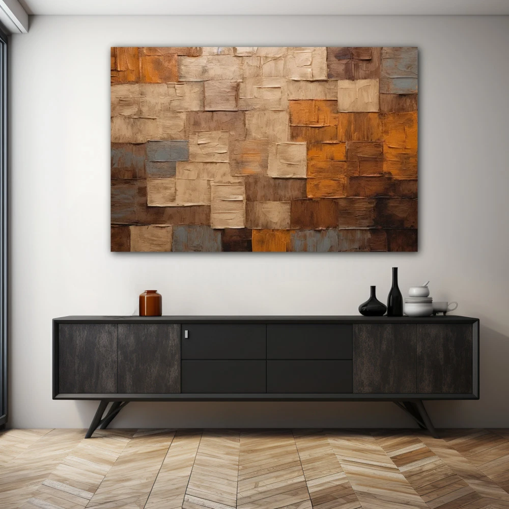 Wall Art titled: Sensus Abstractus in a Horizontal format with: Brown, and Beige Colors; Decoration the Sideboard wall