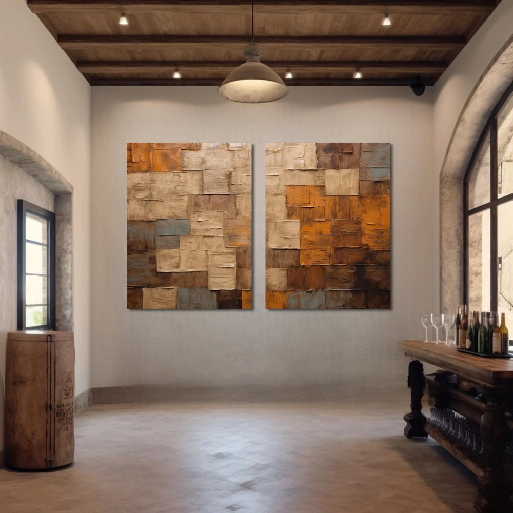Cuadro sensus abstractus en formato díptico con colores marrón, beige; decorando pared de bodega
