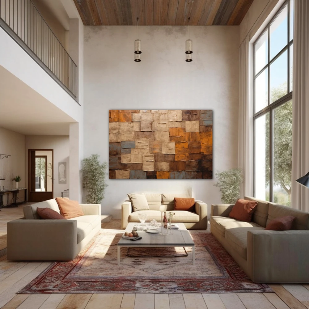 Wall Art titled: Sensus Abstractus in a Horizontal format with: Brown, and Beige Colors; Decoration the Above Couch wall