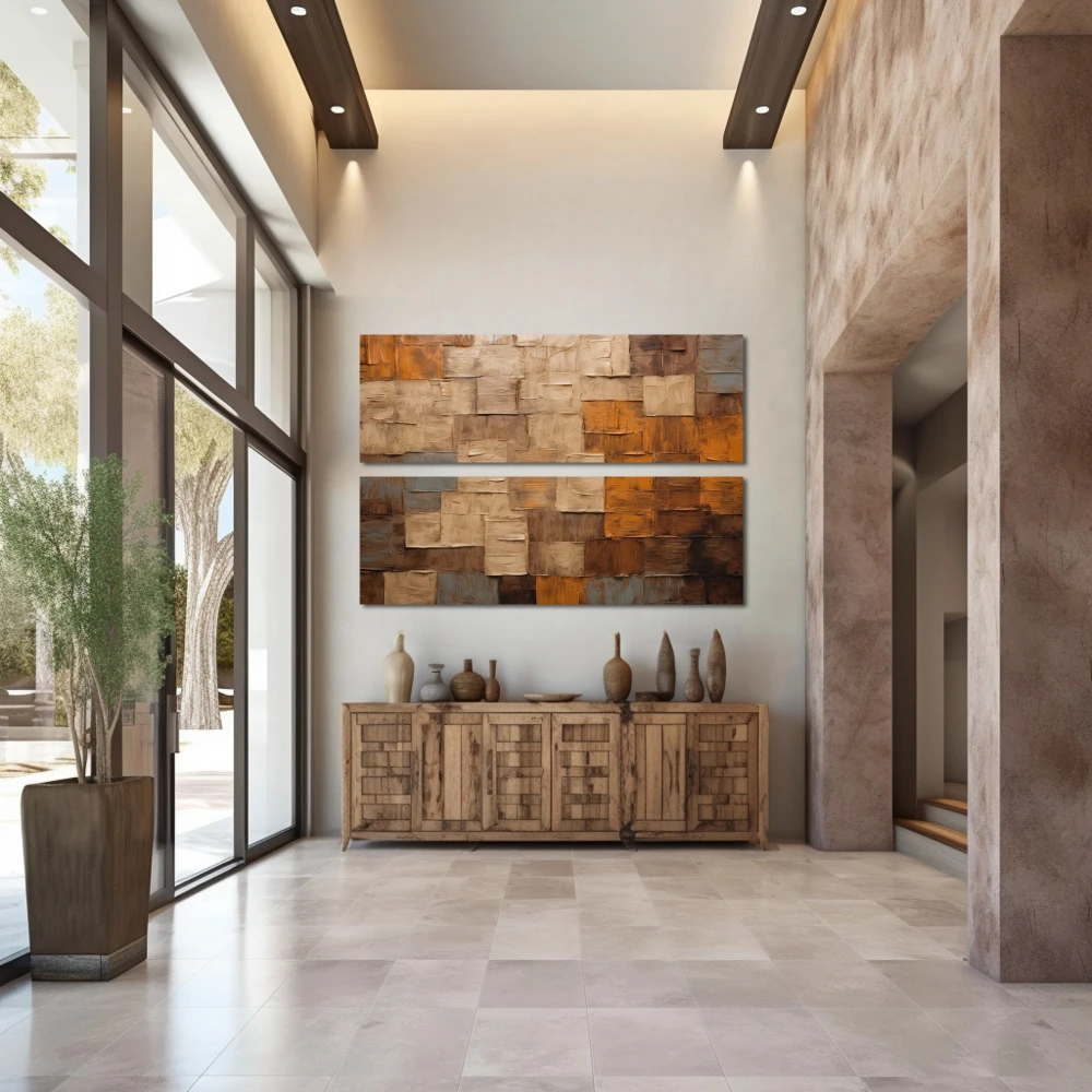 Cuadro sensus abstractus en formato díptico con colores marrón, beige; decorando pared de entrada y recibidor