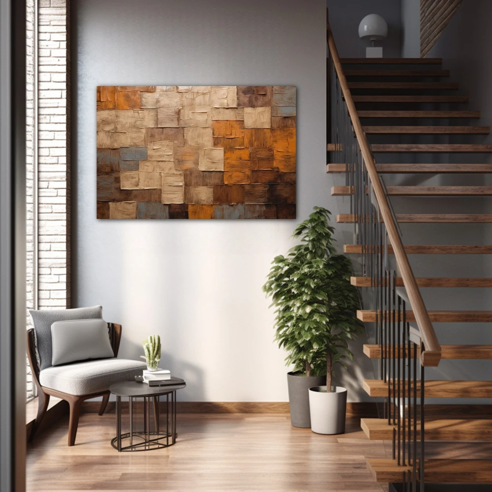 Wall Art titled: Sensus Abstractus in a Horizontal format with: Brown, and Beige Colors; Decoration the Staircase wall
