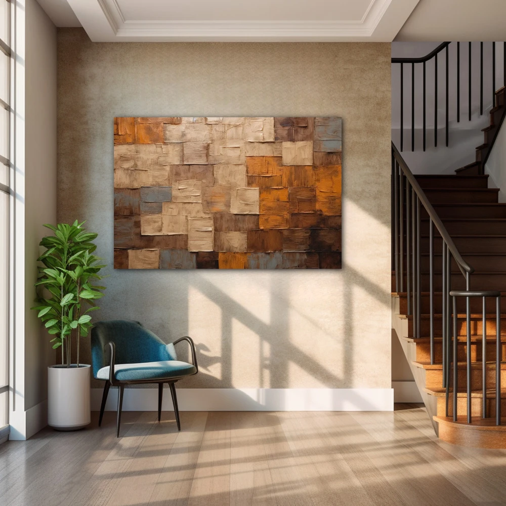 Wall Art titled: Sensus Abstractus in a Horizontal format with: Brown, and Beige Colors; Decoration the Staircase wall