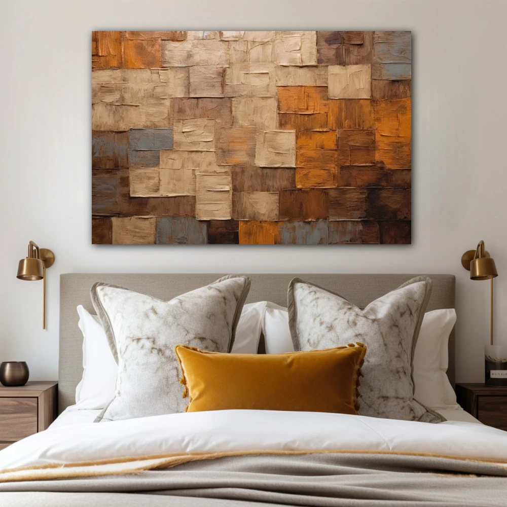 Cuadro sensus abstractus en formato horizontal con colores marrón, beige; decorando pared de habitación dormitorio